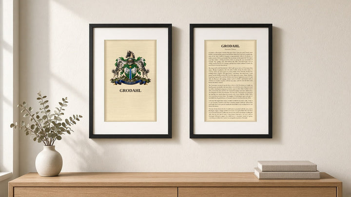 Due cornici verticali coordinate (colore nero): a sinistra la pagina dello stemma, a destra la pagina sulla storia del cognome. Esempio con il cognome Grodahl