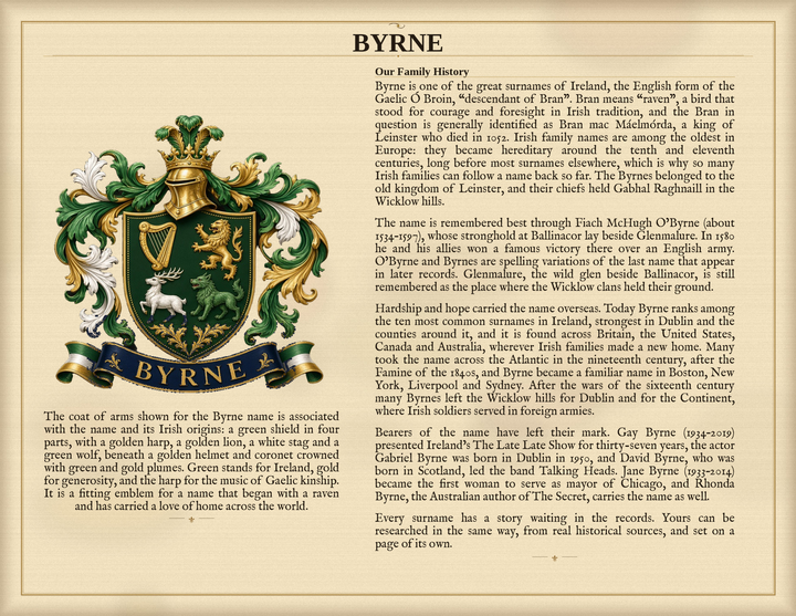 Sample Last Name Origin PDF — The Byrne Family — Standard layout, coat of arms left, surname history right — Herald Lab