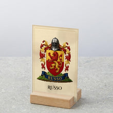 
Load image into Gallery viewer, Close-up three-quarter view of oak-stand desk plaque with family coat of arms