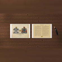 
Load image into Gallery viewer, Anniversary Museum Prints: Baker &amp; Williams sample, page 1 with both coats of arms and both surnames on the ribbons, page 2 with both family histories, on Hahnemühle Photo Rag