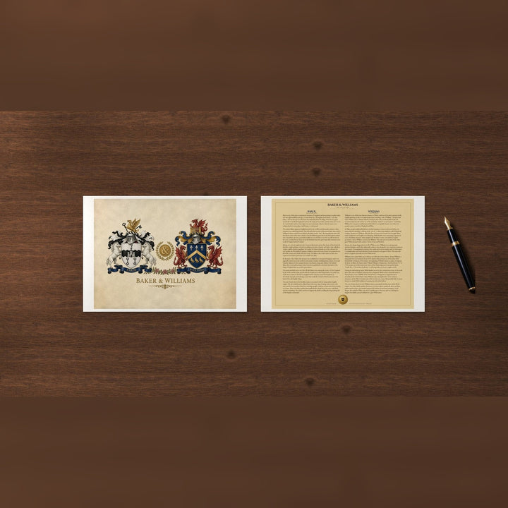 Anniversary Museum Prints: Baker & Williams sample, page 1 with both coats of arms and both surnames on the ribbons, page 2 with both family histories, on Hahnemühle Photo Rag