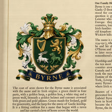 
Load image into Gallery viewer, Close-up of the parchment-look print showing the Byrne coat of arms and text detail