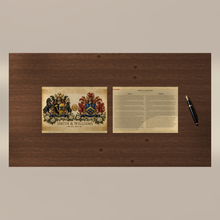 
Load image into Gallery viewer, Anniversary museum prints, 2 sheets: both coats of arms and both family histories (illustrative, Smith &amp; Williams sample) — Herald Lab
