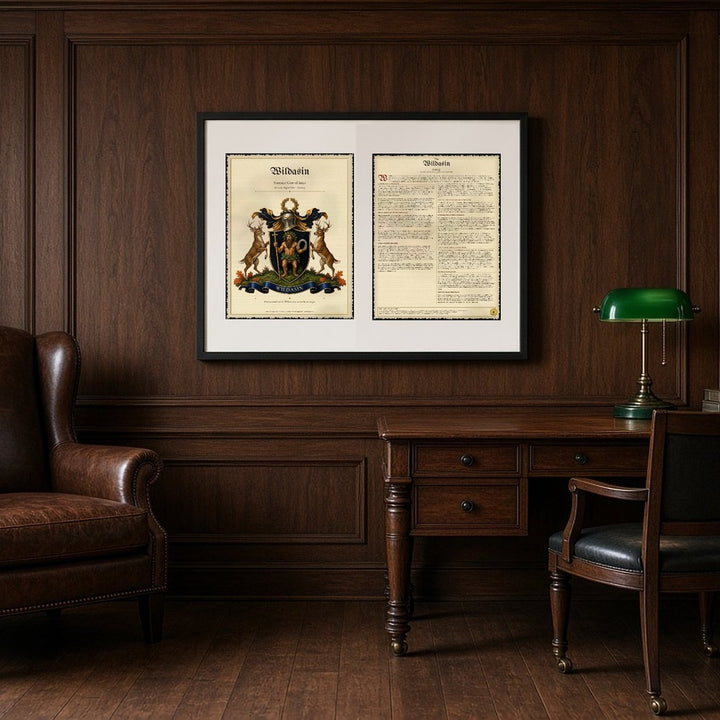 Executive Framed Edition: coat of arms page and surname history page side by side in one black frame