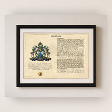 
Load image into Gallery viewer, Framed Personalized Surname Coat of Arms Print with Family History Research