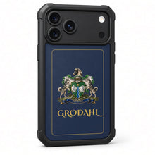 
Carregar imagem no visualizador da galeria, iPhone 17 Pro Max Heritage phone case, deep navy with gold border, coat of arms and surname in gold