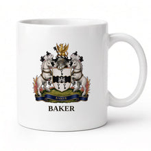 
Carregar imagem no visualizador da galeria, White 11oz mug with the Baker coat of arms and surname (illustrative mockup)