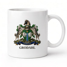 
Carregar imagem no visualizador da galeria, White 11oz mug with the Grodahl coat of arms and surname (illustrative mockup)
