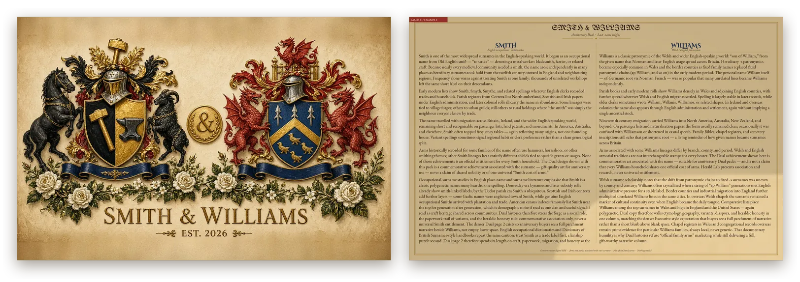 Dual sample: page 1 with both coats of arms in one painting and page 2 with both surname histories, shown side by side