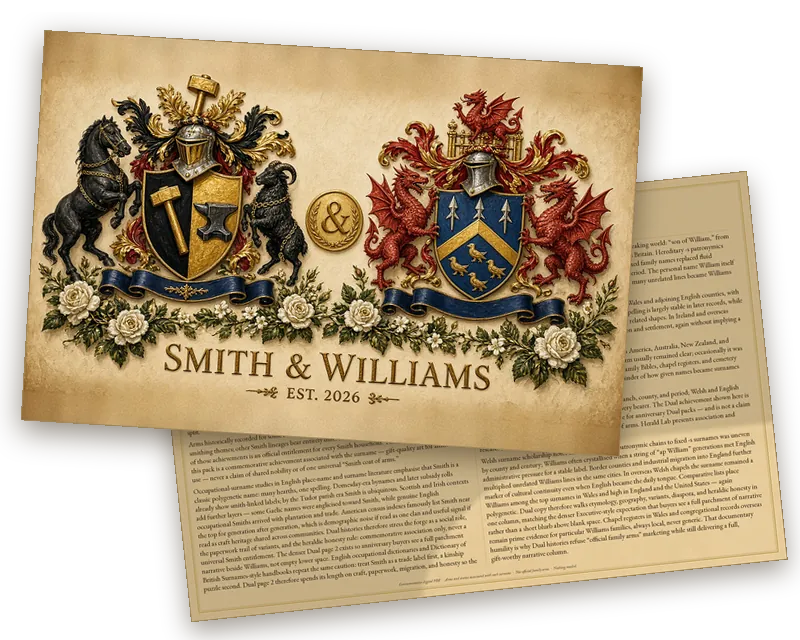 Dual sample: page 1 with both coats of arms in one painting and page 2 with both surname histories, shown side by side