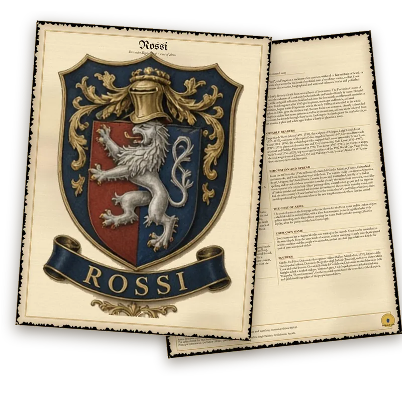 Executive sample: page 1 with the full-page coat of arms and page 2 with the extended surname history, shown side by side