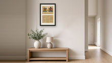 
Load image into Gallery viewer, Sample Anniversary pack framed in one portrait A3 frame: both coats of arms on top, the joint family history below — illustrative mockup — Herald Lab
