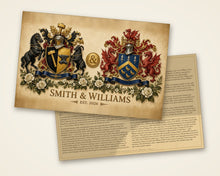 
Load image into Gallery viewer, Anniversary sample, both pages: page 1 is one painting with both family coats of arms (Smith &amp; Williams, Est. 2026), page 2 holds the joint family history — Herald Lab