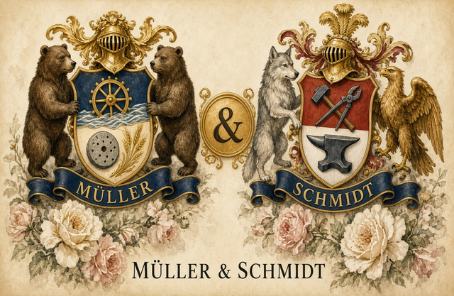 Beispiel Doppelwappen-PDF für zwei Nachnamen — Hochzeitsgeschenk-Layout