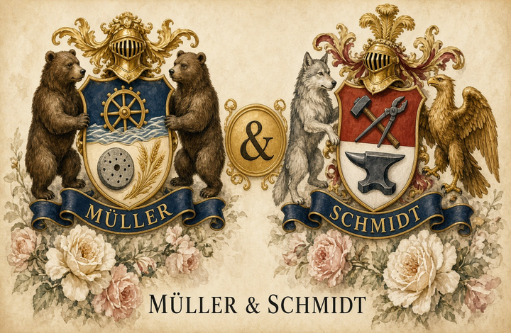 Beispiel Doppelwappen-PDF für zwei Nachnamen — Hochzeitsgeschenk-Layout