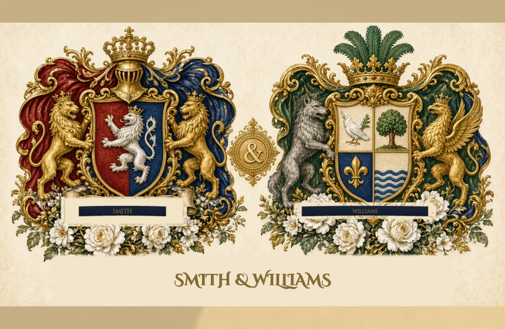 Sample Dual coat of arms PDF for two surnames — wedding gift layout