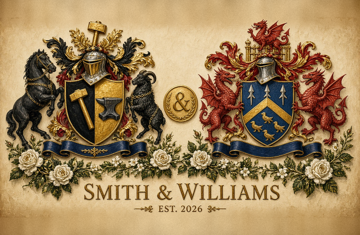 Sample Dual coat of arms PDF for two surnames — wedding gift layout