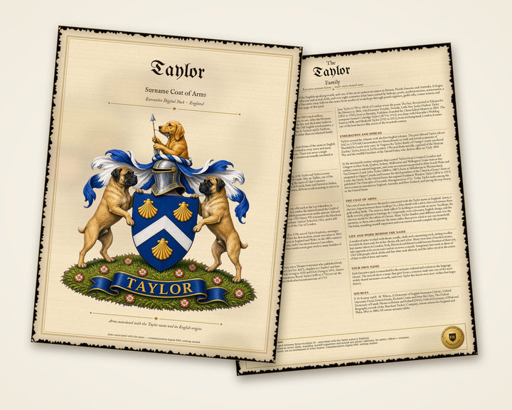 Executive Digital Pack: two-page portrait PDF, coat of arms page and a full-page researched history, Taylor sample — Herald Lab