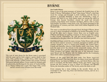 
Cargar imagen en el visor de la galería, Sample Last Name Origin PDF — The Byrne Family — Standard layout, coat of arms left, surname history right — Herald Lab
