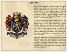 
Carica l'immagine nel visualizzatore di Gallery, Sample Last Name Origin PDF — The Casciano Family — dense Standard layout, coat of arms left, surname history right — Herald Lab SAMPLE