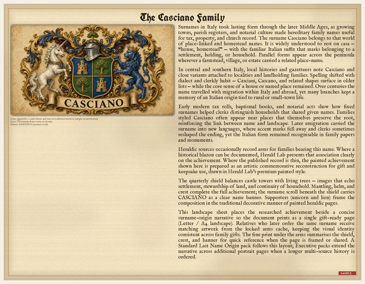 Sample Herald Lab Standard PDF layout for surname research — commemorative, not an official entitlement
