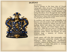 
Carica l'immagine nel visualizzatore di Gallery, Sample Last Name Origin PDF — The Dupont Family — dense Standard layout, coat of arms left, surname history right — Herald Lab SAMPLE
