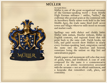 
Carica l'immagine nel visualizzatore di Gallery, Beispiel Nachnamensherkunft — Die Familie Müller: Wappen links, Namensgeschichte rechts (Herald Lab) — denser Standard gallery sample