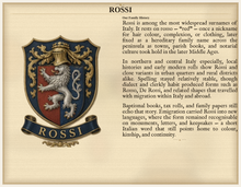 
Carica l'immagine nel visualizzatore di Gallery, Sample Last Name Origin PDF — The Rossi Family — dense Standard layout, coat of arms left, surname history right — Herald Lab SAMPLE