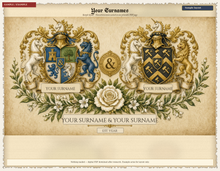 Load image into Gallery viewer, Sample dual coat of arms union layout on parchment Letter landscape — two surname achievements united — Herald Lab PDF sample