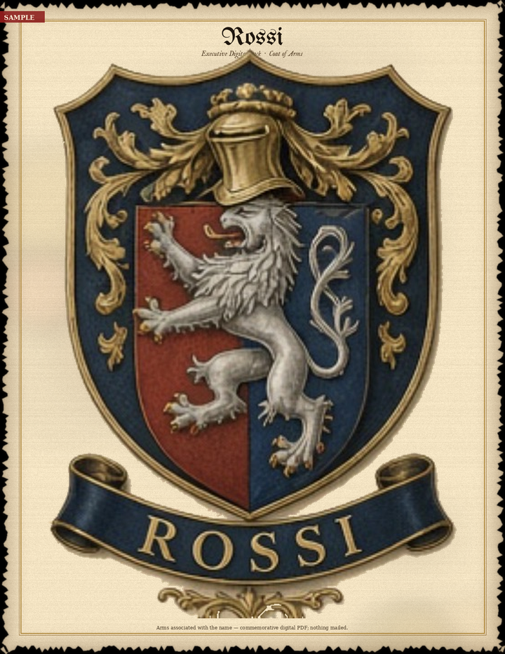 Sample Executive digital pack — portrait coat of arms plus extended surname history