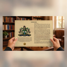 
Load image into Gallery viewer, Personalized Surname Coat of Arms Parchment-Look Print with Family History Research — Standard Digital Pack Included (Coat of Arms + History)