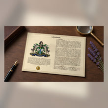 
Load image into Gallery viewer, Personalized Surname Coat of Arms Museum Print with Family History Research