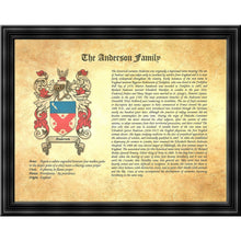Load image into Gallery viewer, Executive Family Name History and full color Coat of Arms (2 pages) size 17&quot; X 11&quot; (cm 43x28)